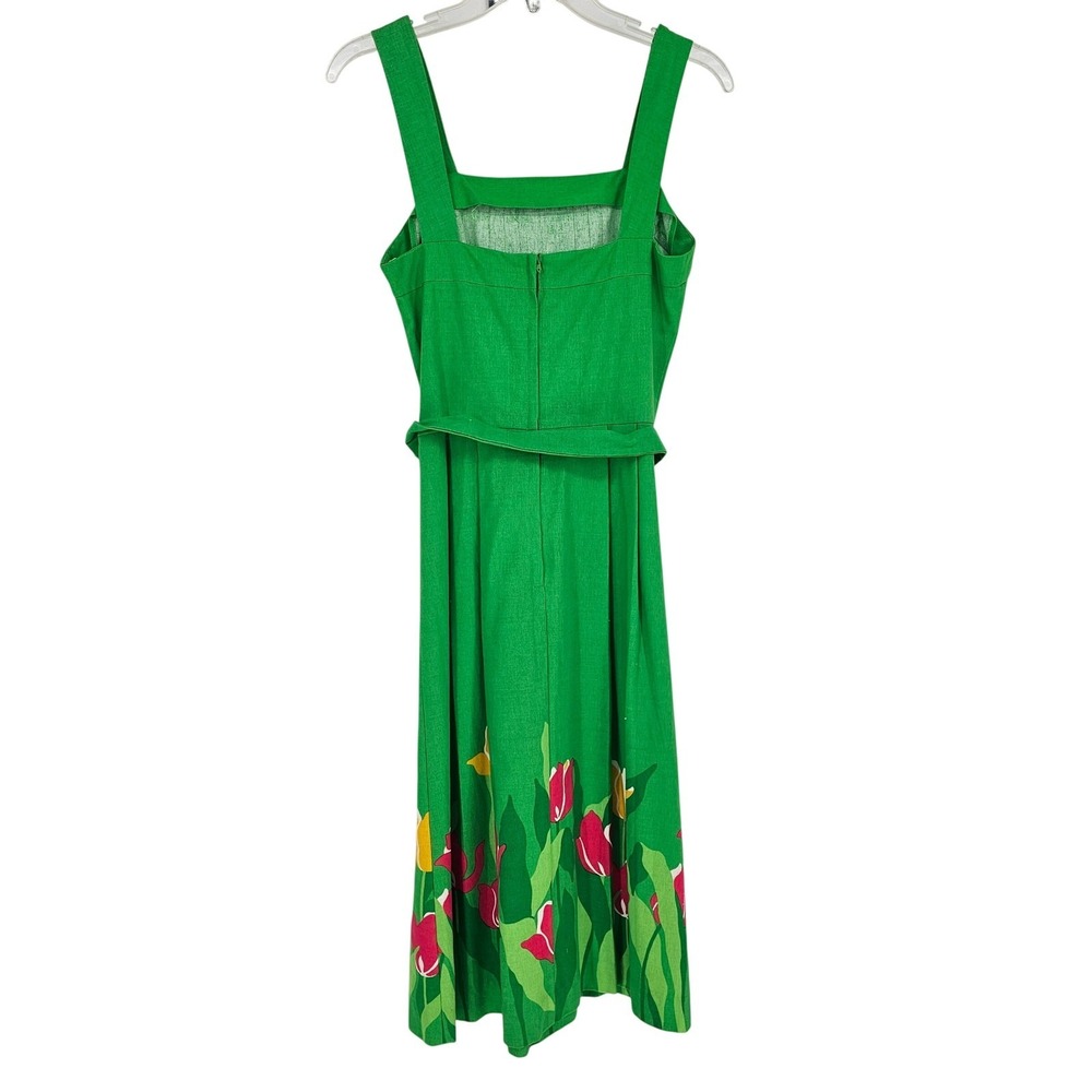 Vintage 60s Malia Honolulu Hawaiian Sundress 10 Green Tulip Border Belted Resort - Picture 3 of 15
